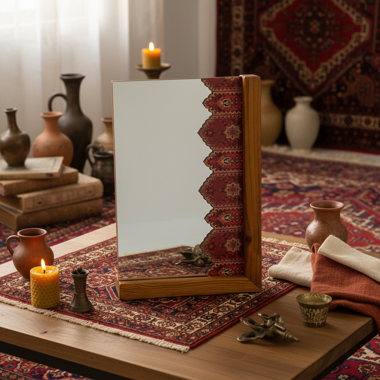 آینه دکوری پایه چوبی رونیکا مدل L کوچک طرح کناره